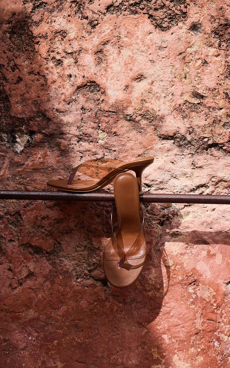 Brown Pu Round Toe Thong Perspex Straps Mid Heeled Mules Product Image
