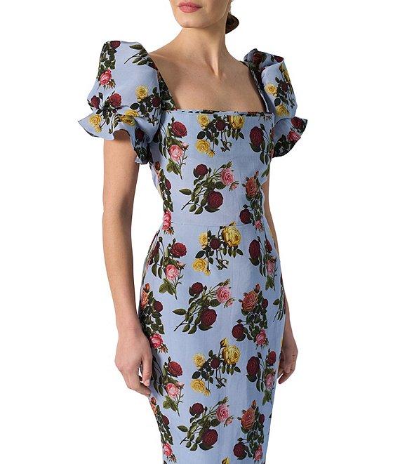 Damaris Bailey Rose Printed Square Neck Short Puff Sleeve Rose Midi Dress Product Image