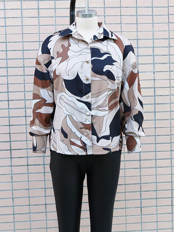 Long Sleeves Loose Buttoned Printed Lapel Blouses&Shirts Tops Product Image
