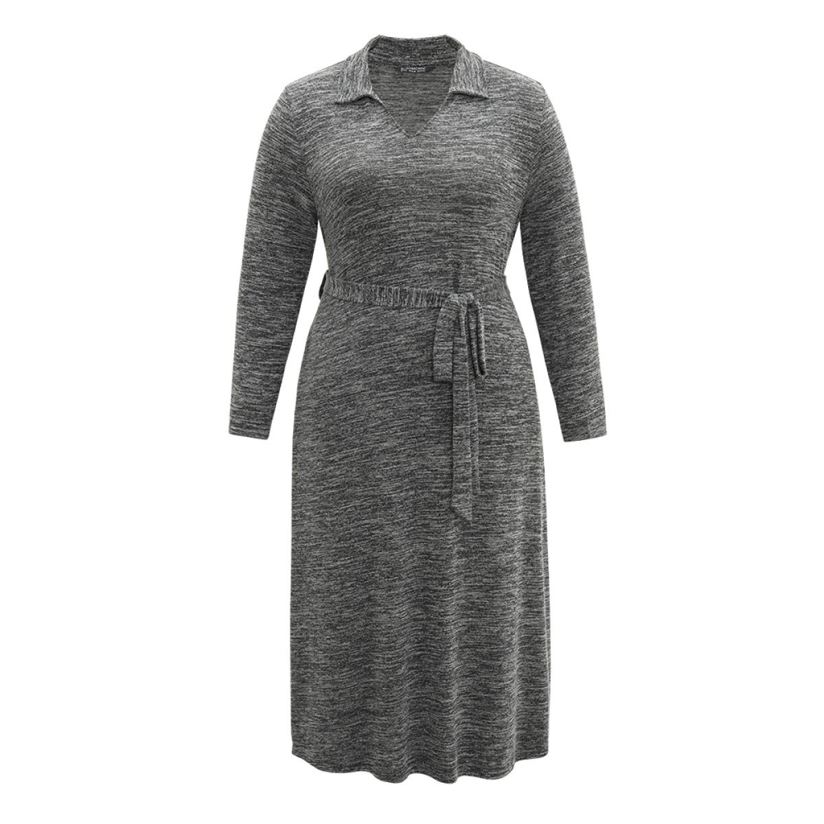 Plus Size Solid Pocket Elastic Waist Ties Split Hem Dress DimGray Women Casual Plain Lapel Collar Long Sleeve Curvy Midi Dress BloomChic 14-16/1X Product Image