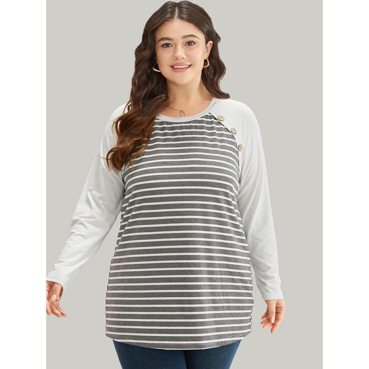 Plus Size Striped Patchwork Button Detail Raglan Sleeve T-shirt Gray Women Casual Patchwork Striped Round Neck Dailywear T-shirts BloomChic 12/L Product Image