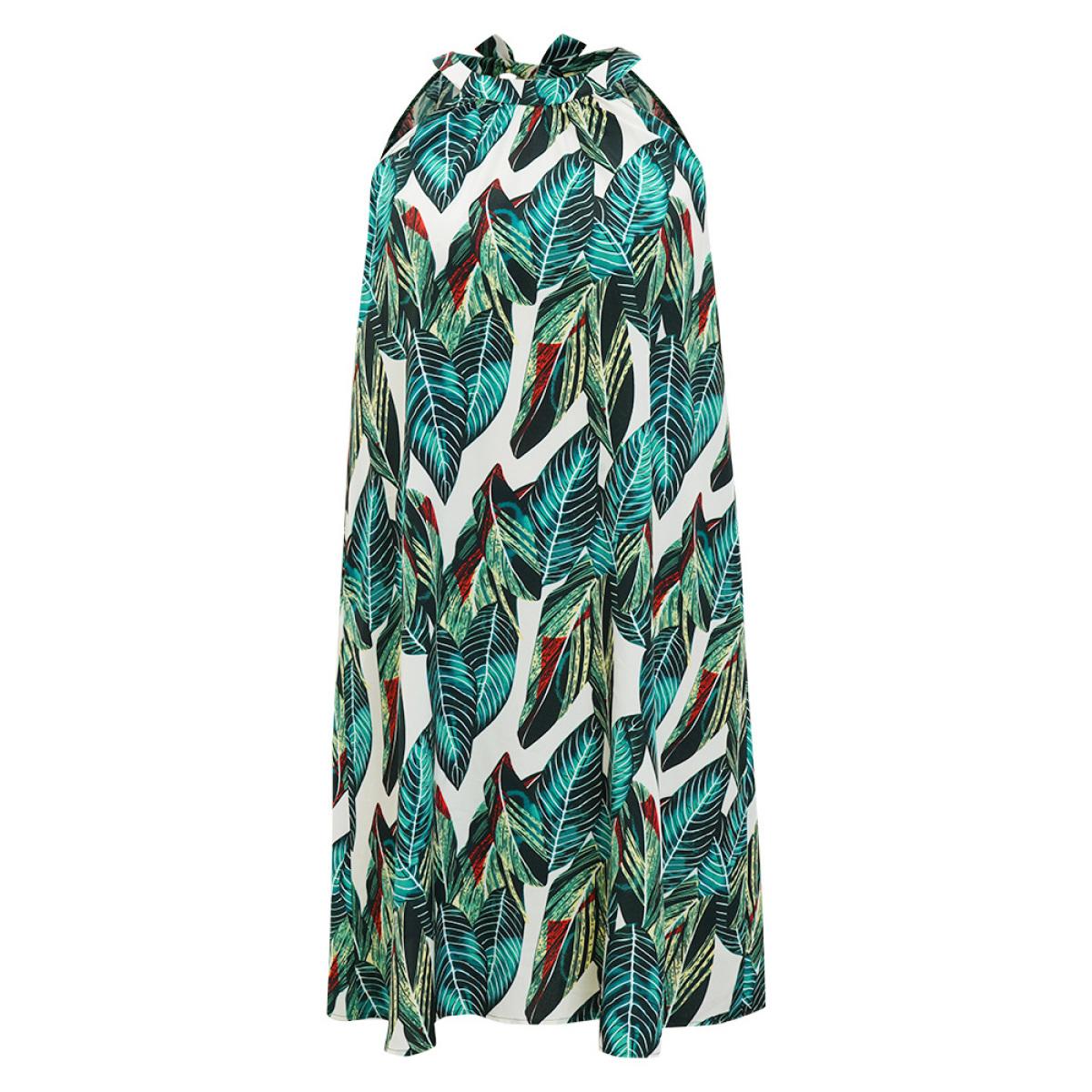 Plus Size Tropical Print Pocket Keyhole Knotted Halter Dress Green Women Vacation Keyhole Halter neck Sleeveless Curvy Knee Dress BloomChic 12/L Product Image