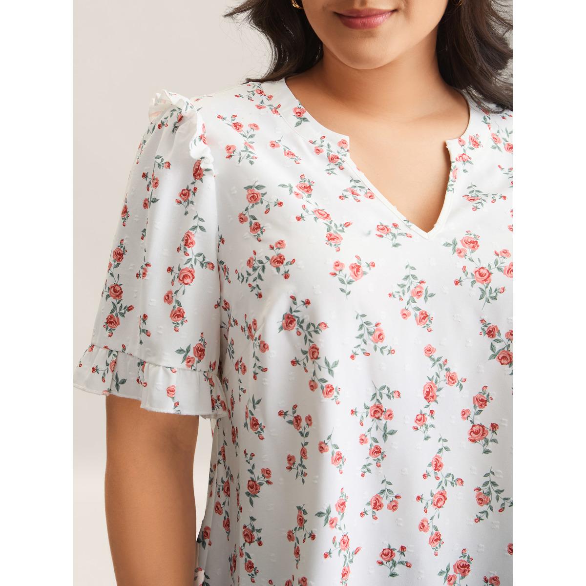 Plus Size Ivory Rosy Print Notched Collar Flowy Blouse Women Half Sleeve Notched collar Everyday-Elegant Blouses BloomChic 12/L Product Image