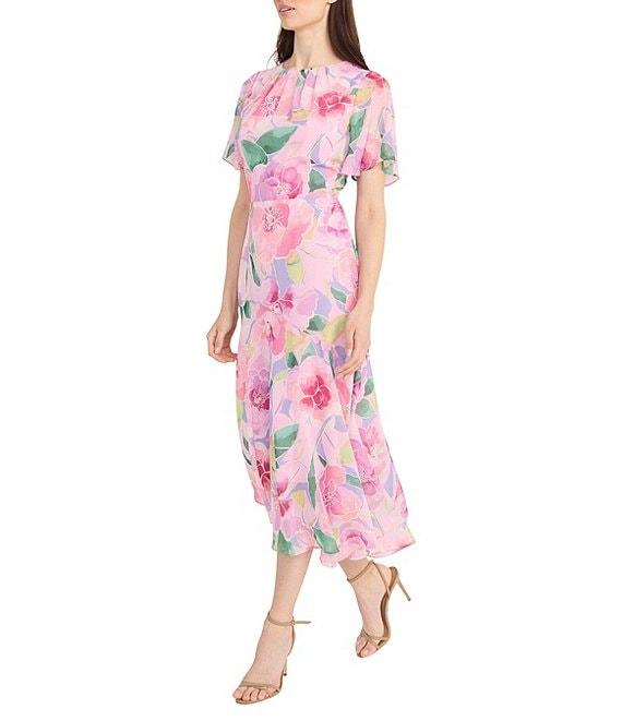 Maggy London Floral Print Short Flutter Sleeve Asymmetrical Hem Dress Product Image