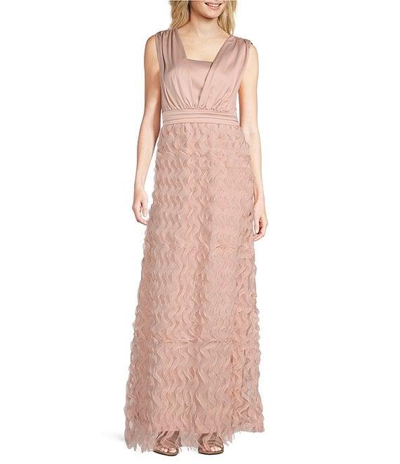 JS Collections Satin Ruffle Mesh V Neck Sleeveless Gown Product Image