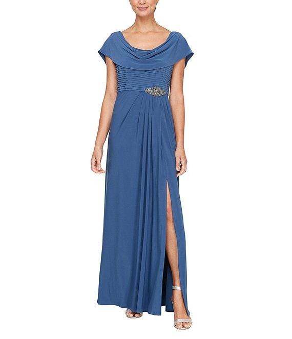 Alex Evenings Matte Jersey Cowl Neck Drape Back Detail Short Sleeve Side Embellishment Pleated Thigh High Slit Long Gown Product Image