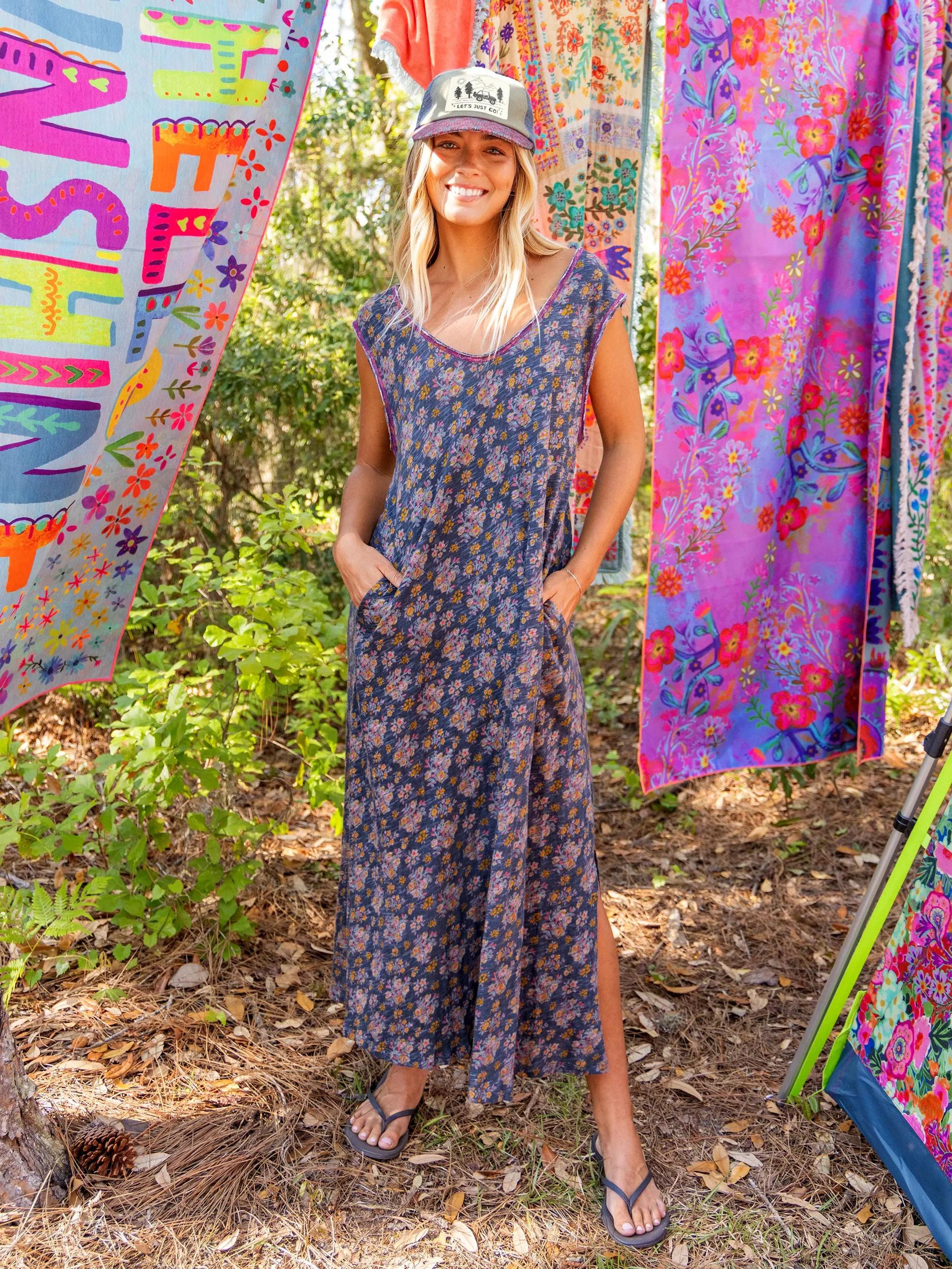 Hangout Cotton Midi Dress - Slate Floral Blooms Product Image