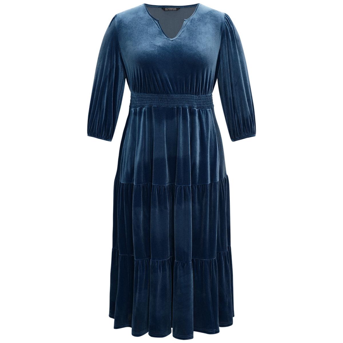Plus Size Velvet Solid Notched Shirred Tiered Hem Dress Cerulean Women Vacation Elastic cuffs Notched collar Elbow-length sleeve Curvy Midi Dress BloomChic 14-16/1X Product Image