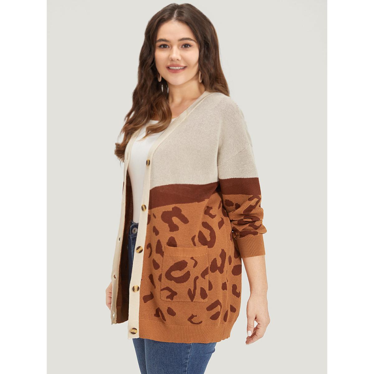 Plus Size Leopard Print Contrast Button Down Patched Pocket Cardigan Chocolate Women Casual Loose Long Sleeve Dailywear Cardigans BloomChic 22-24/3X Product Image