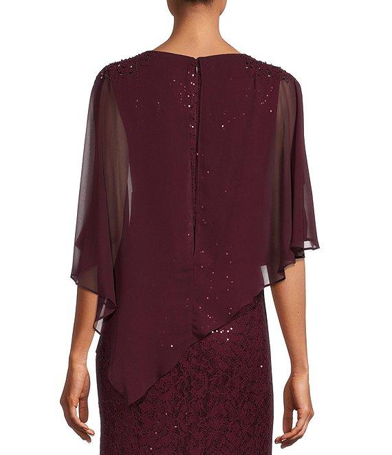 Ignite Evenings Short Sleeve Boat Neck Beaded Sequin Floral Lace Capelet Gown Product Image
