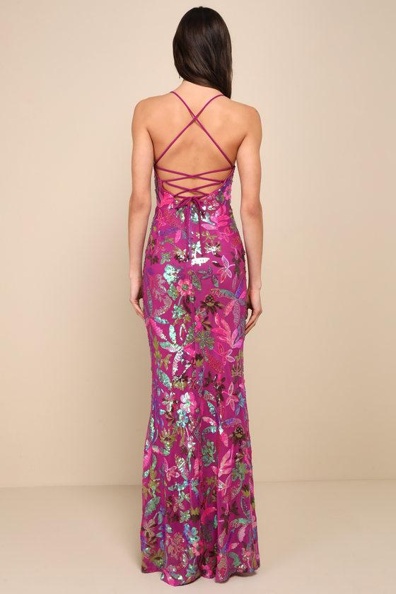 Glittering Icon Magenta Iridescent Sequin Lace-Up Maxi Dress Product Image