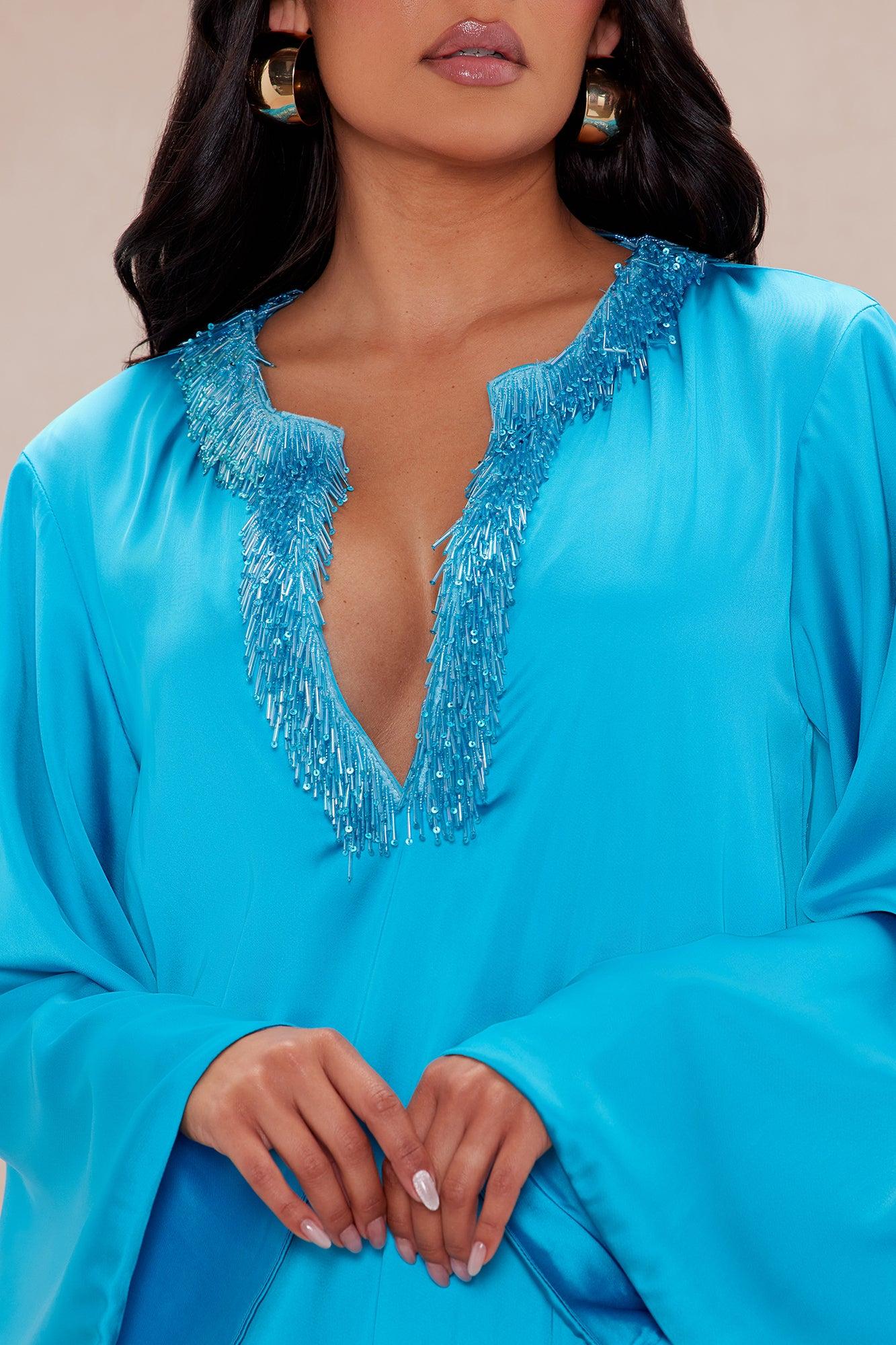 Silas Satin Kaftan Maxi Dress - Turquoise Product Image