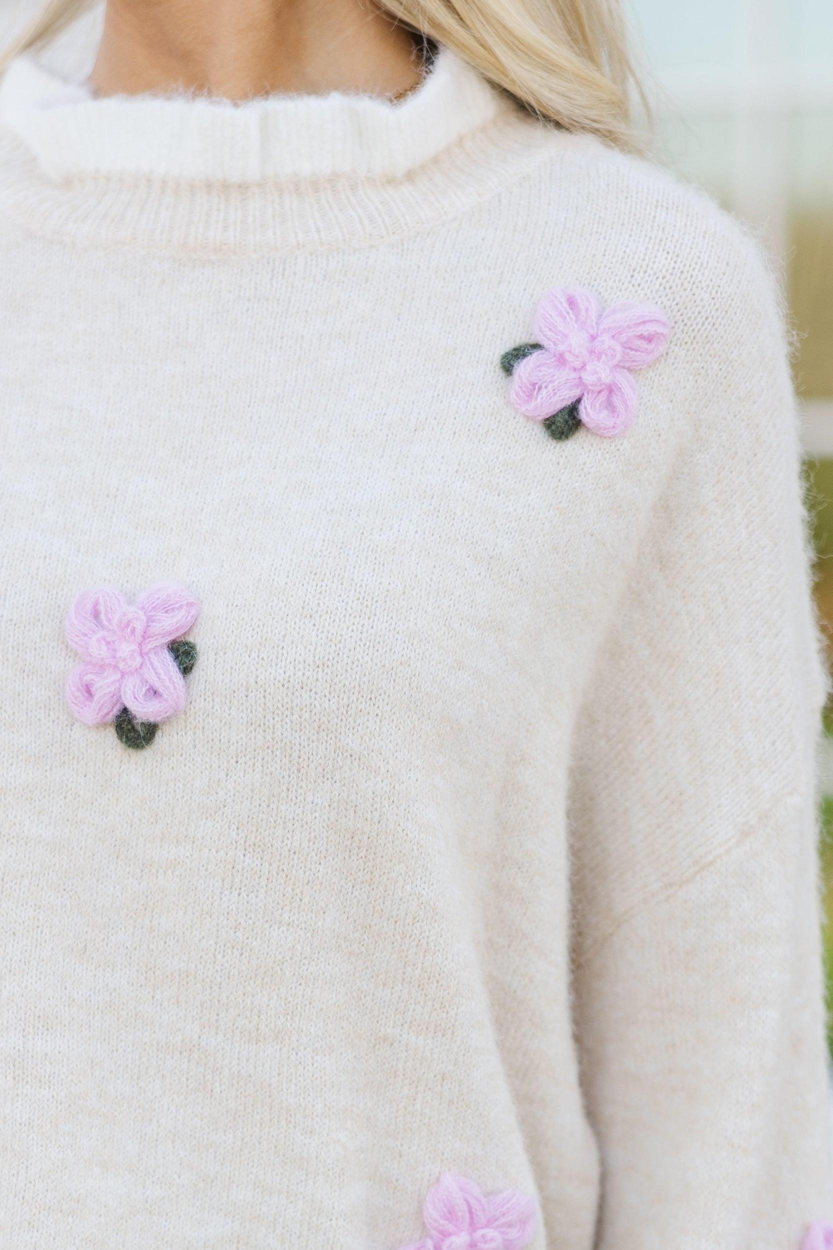 On My Time Oatmeal Floral Sweater Female Product Image