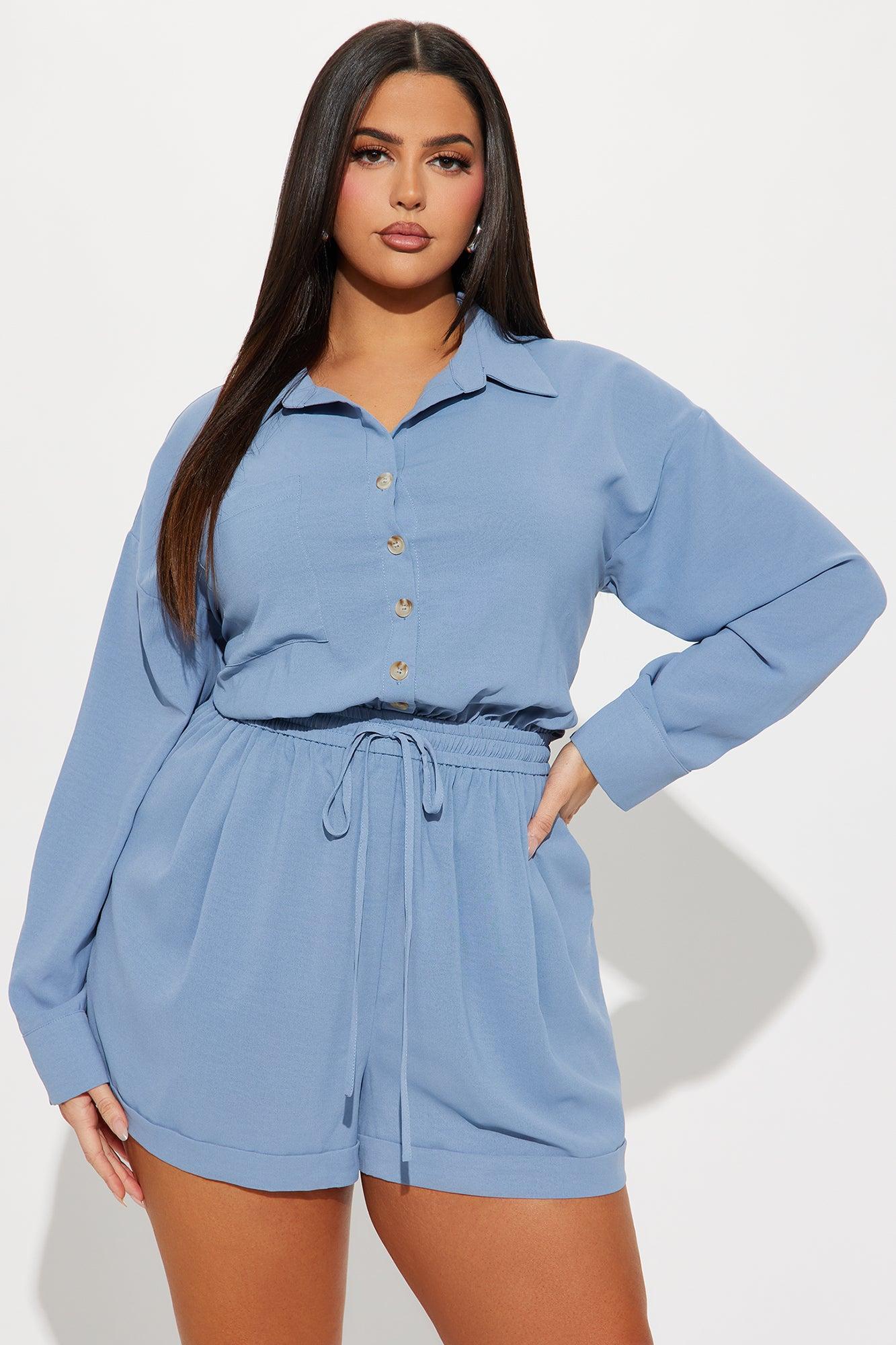 Kenzia Shirt Romper - Blue Product Image