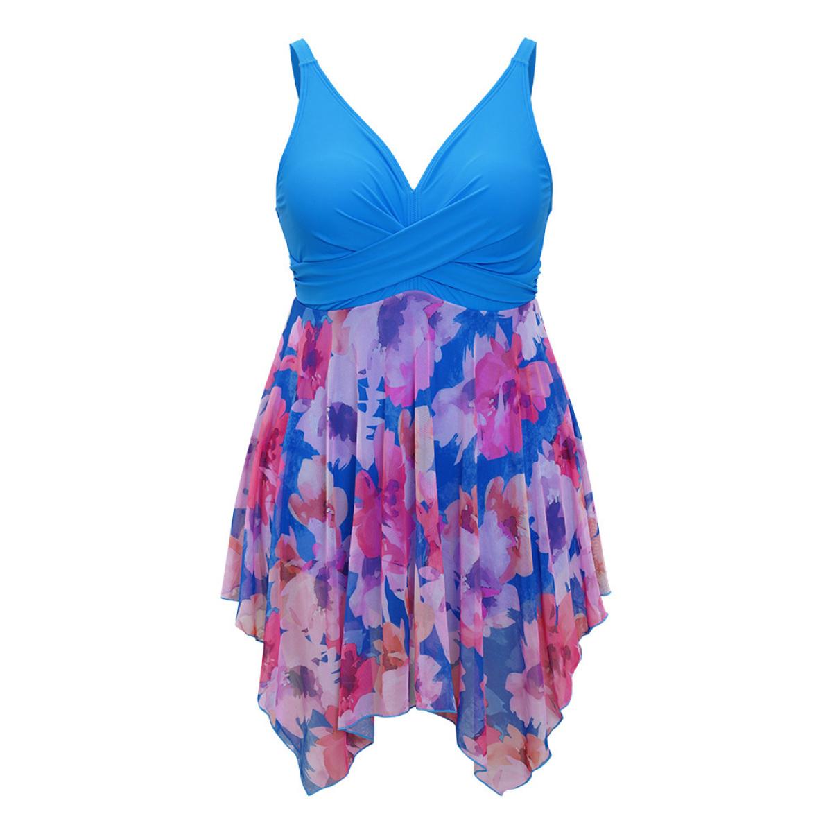 Plus Size Floral Patchwork Hanky Hem Crossover V Neck Swim Dress Women's Swimwear Cerulean Vacation Bodycon V-neck High stretch Curve Swim Dresses BloomChic 10/M Product Image