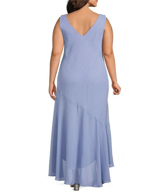 R & M Richards Plus Size Pebble Georgette V-Neck Tiered Ruffle High-Low Hem 3/4 Sleeve 2-Piece Jacket Dress Product Image
