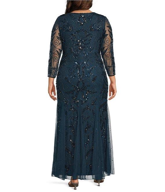 Pisarro Nights Plus Size Beaded Sequin Boat Neck Illusion 3/4 Sleeve Gown Product Image