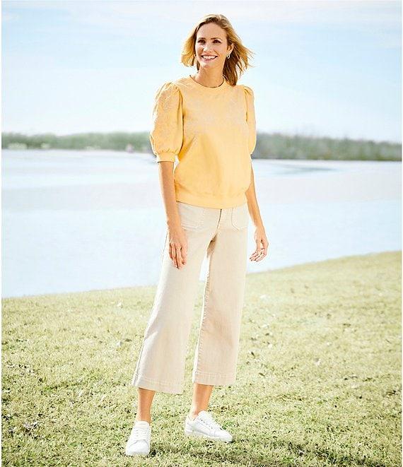 Nurture by Westbound Petite Size Knit Crew Neck Floral Embroidered Elbow Sleeve Top Product Image