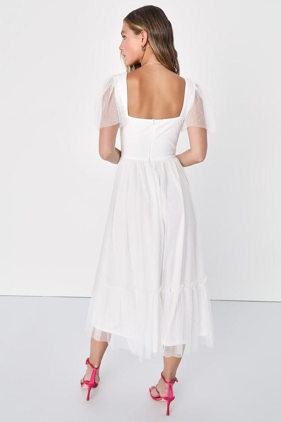 Dreamy Celebration White Tulle Bustier Swiss Dot Midi Dress Product Image