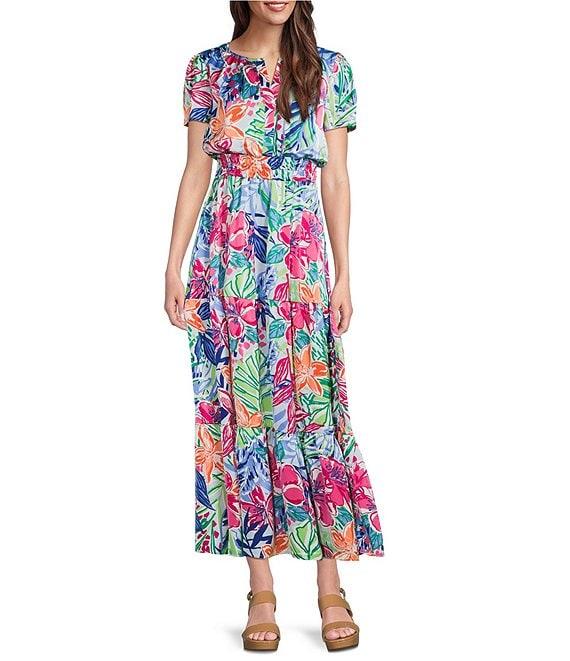Leslie Fay Split V-Neck Elastic Waist Floral Print Maxi Dress Product Image