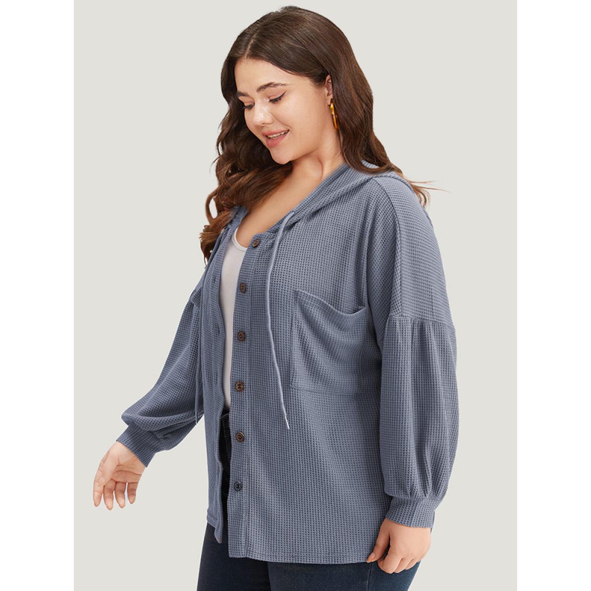 Plus Size Plain Texture Pocket Button Through Drawstring Hooded Jacket Women Stone Texture Pocket Dailywear Jackets BloomChic 12/L Product Image