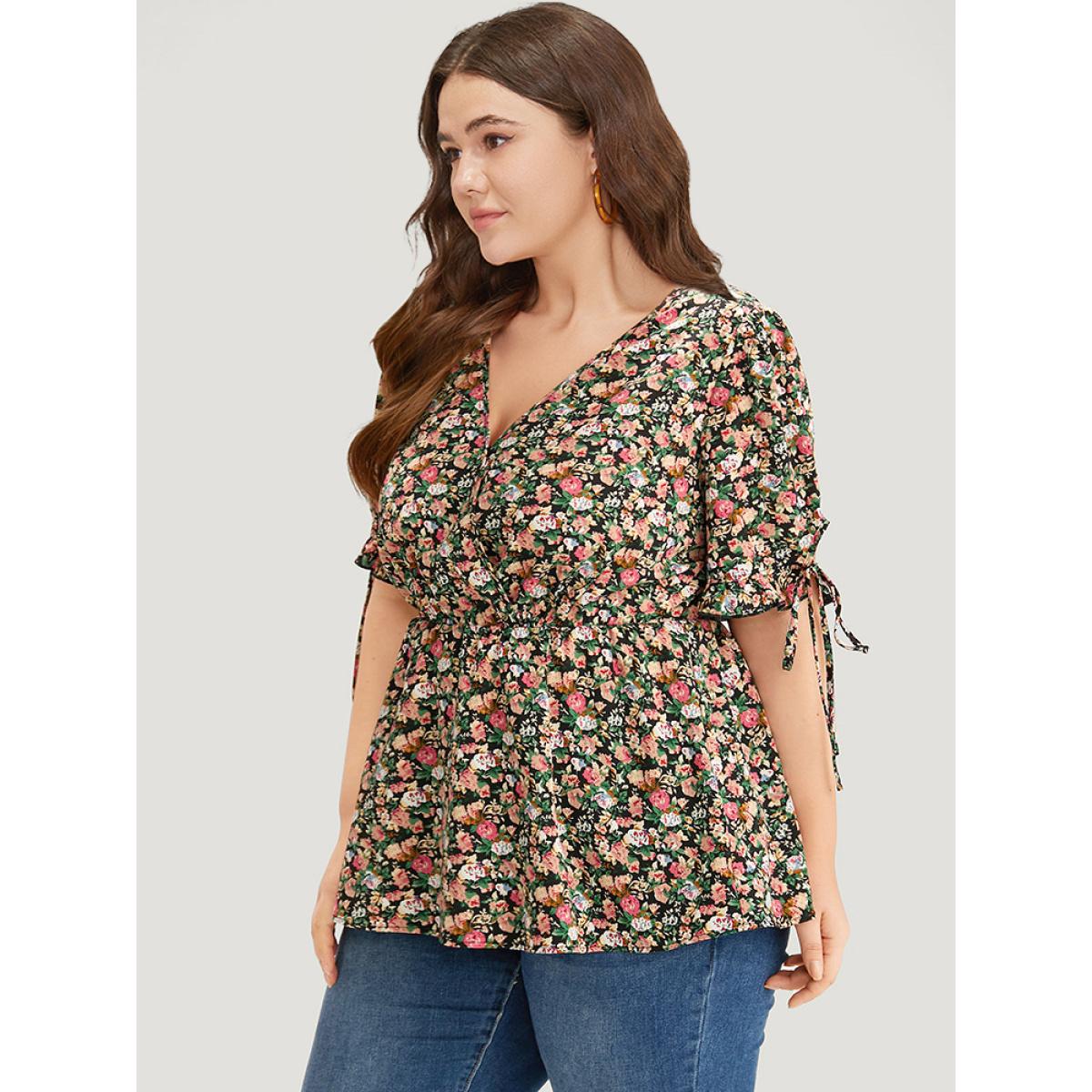 Plus Size Black Ditsy Floral Wrap Ties Gathered Ruffle Hem Blouse Women Elegant Short sleeve V-neck Dailywear Blouses BloomChic 18-20/2X Product Image