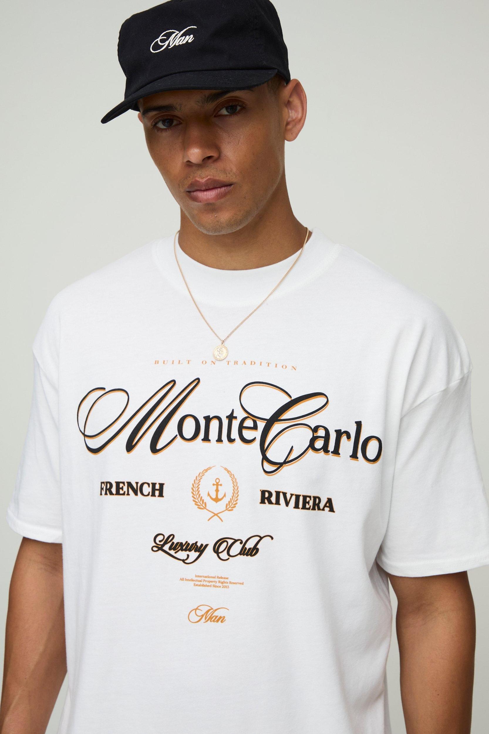 White Oversized Extended Neck Monte Carlo T-Shirt | boohooMAN USA Product Image