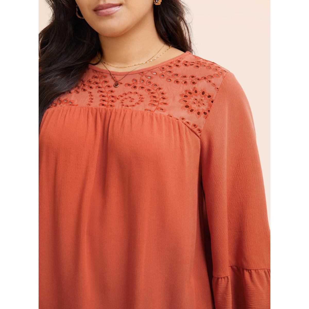 Plus Size Coral Broderie Anglaise Patchwork Ruffle Sleeve Blouse Women Elegant Elbow-length sleeve Round Neck Everyday Blouses BloomChic 22-24/3X Product Image