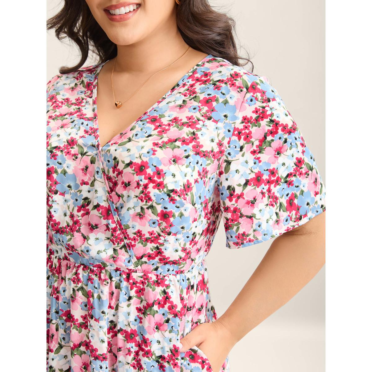 Plus Size Floral Print Pockets Lined Midi Dress Multicolor Women Overlap Collar Short sleeve Curvy BloomChic 12/L Product Image