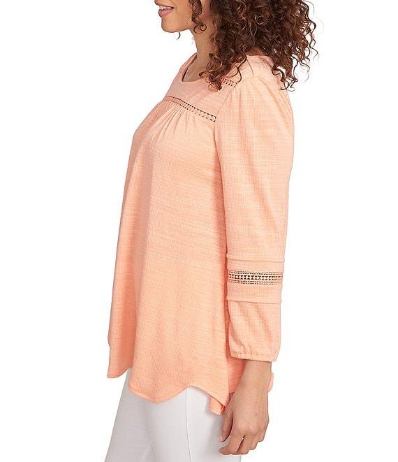 Ruby Rd. Knit Scoop Neck 3/4 Bishop Sleeve Lace Trim Scallop Hem Top Product Image