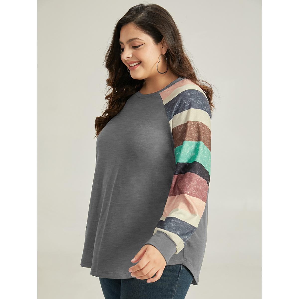 Plus Size Striped Patchwork Contrast Raglan Sleeve Sweatshirt Women Gray Casual Contrast Round Neck Dailywear Sweatshirts BloomChic 18-20/2X Product Image