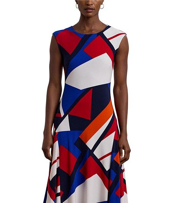 Lauren Ralph Lauren Printed Stretch Jersey Round Neck Cap Sleeve A-Line Midi Dress Product Image