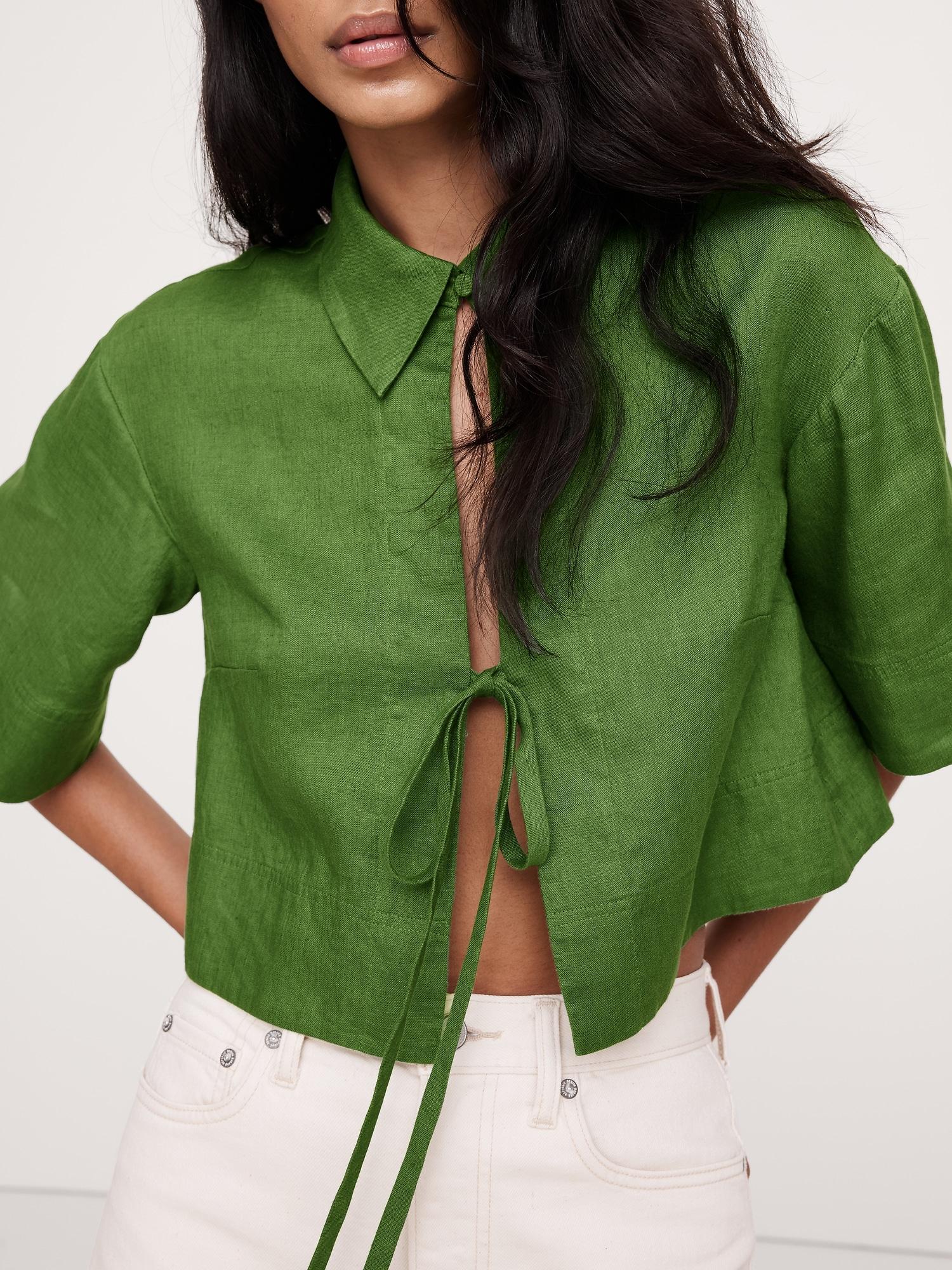 Linen Tie-Front Cropped Shirt Product Image