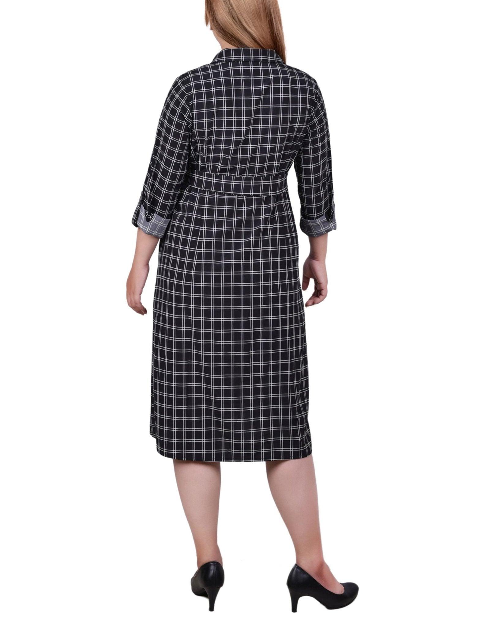 Black Gridview 3/4 Roll Tab Sleeve Belted Shirtdress - Plus Product Image