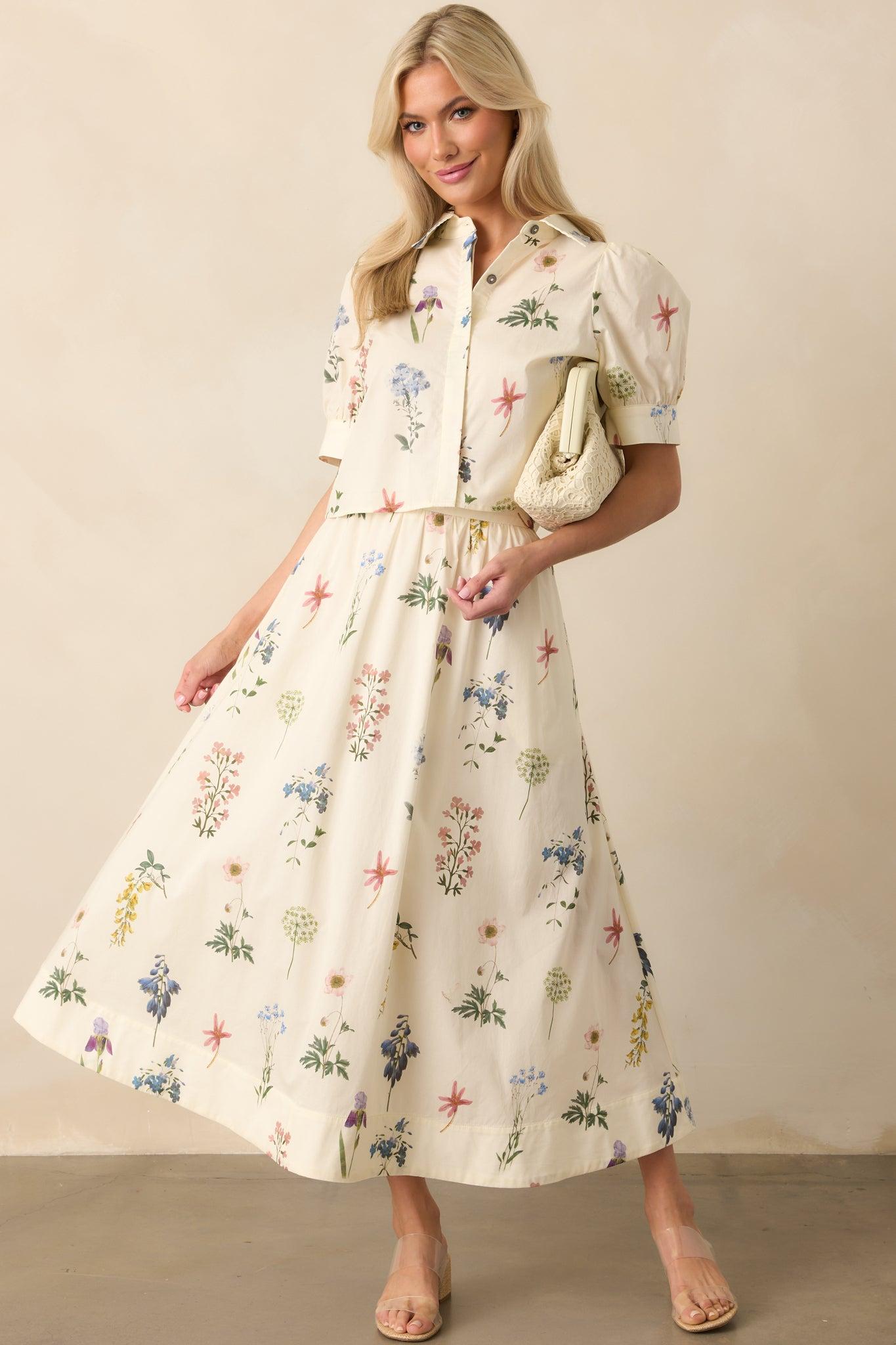 Keep Your Softness Ivory Floral Print Cotton Maxi Skirt Product Image