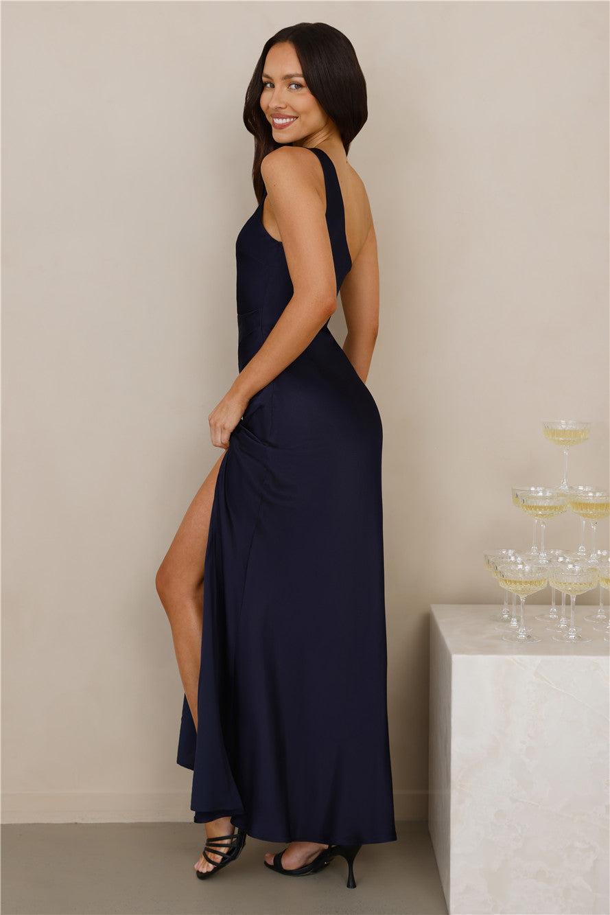 The Aurora One Shoulder Satin Maxi Dress Navy Product Image