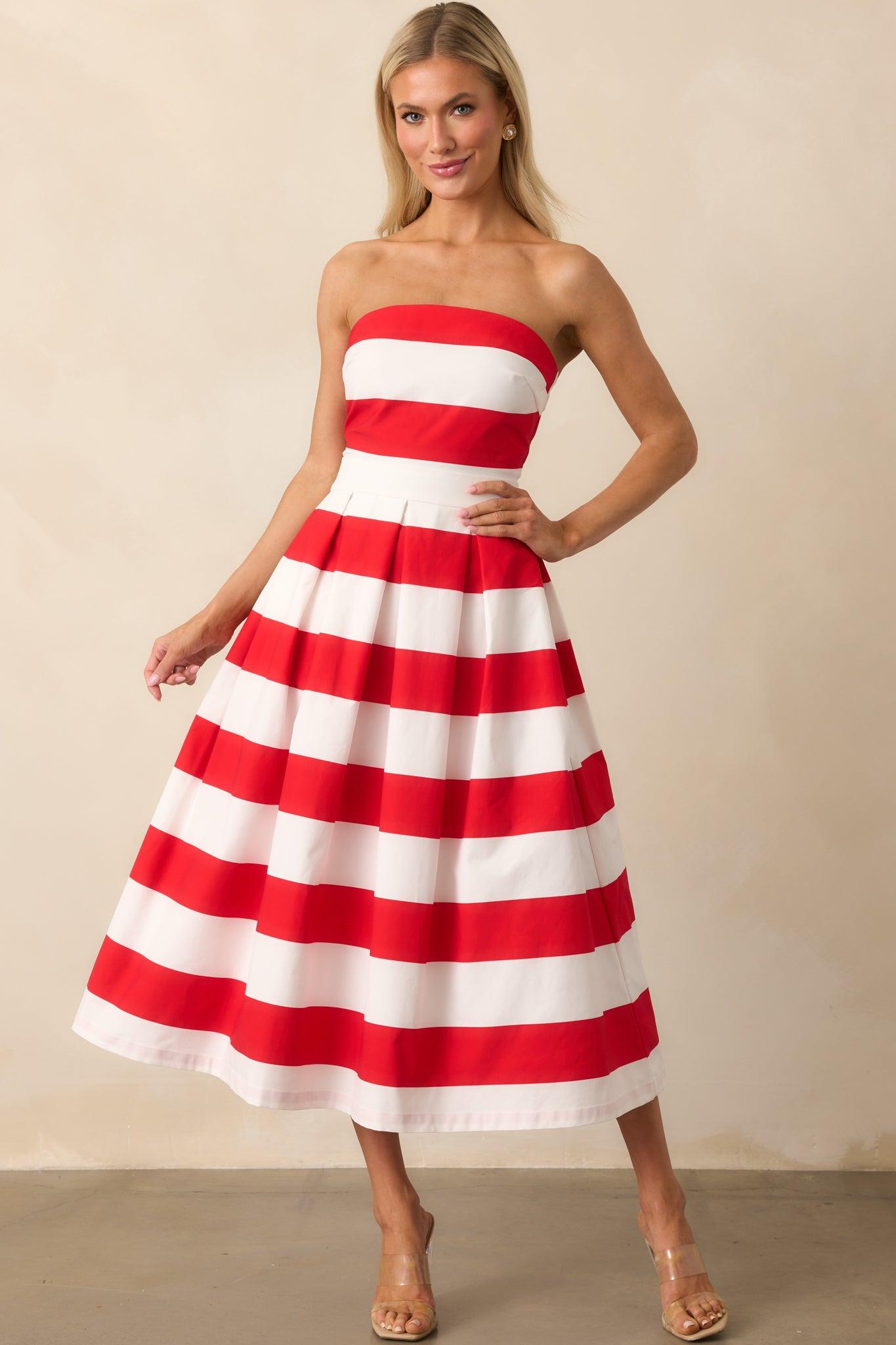 Crisp Contrast Red Stripe Strapless Midi Dress Product Image