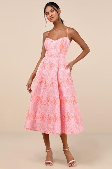 Meet for Tea Pink Jacquard Bustier Midi Dress With Pockets Product Image