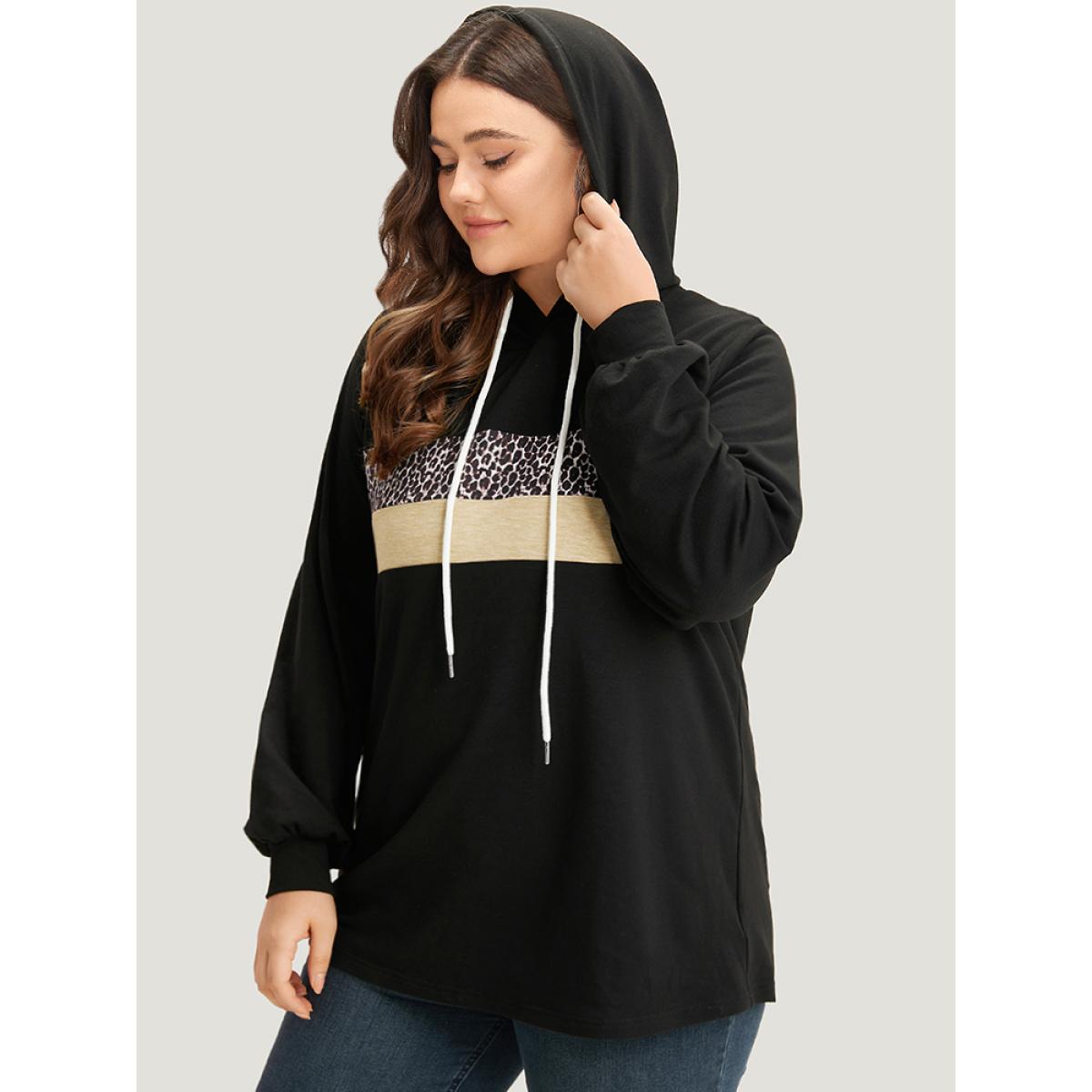 Plus Size Leopard Patchwork Contrast Hooded Drawstring Sweatshirt Women Black Casual Elastic cuffs Hooded Dailywear Sweatshirts BloomChic 26/4X Product Image