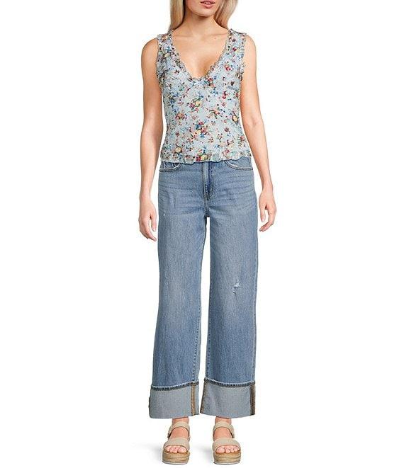 Honey & Sparkle Ditsy Floral Print V-Neck Sleeveless Ruffle Edge Lined Lace Top Product Image