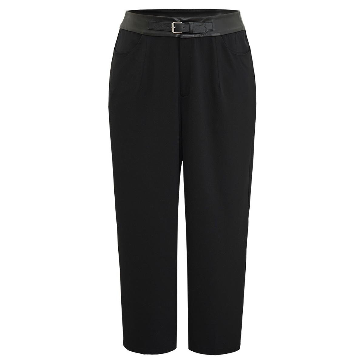 Plus Size Static-Free PU Leather Buckle Detail Pants Women Black Office High Rise Office Pants BloomChic 18-20/2X Product Image