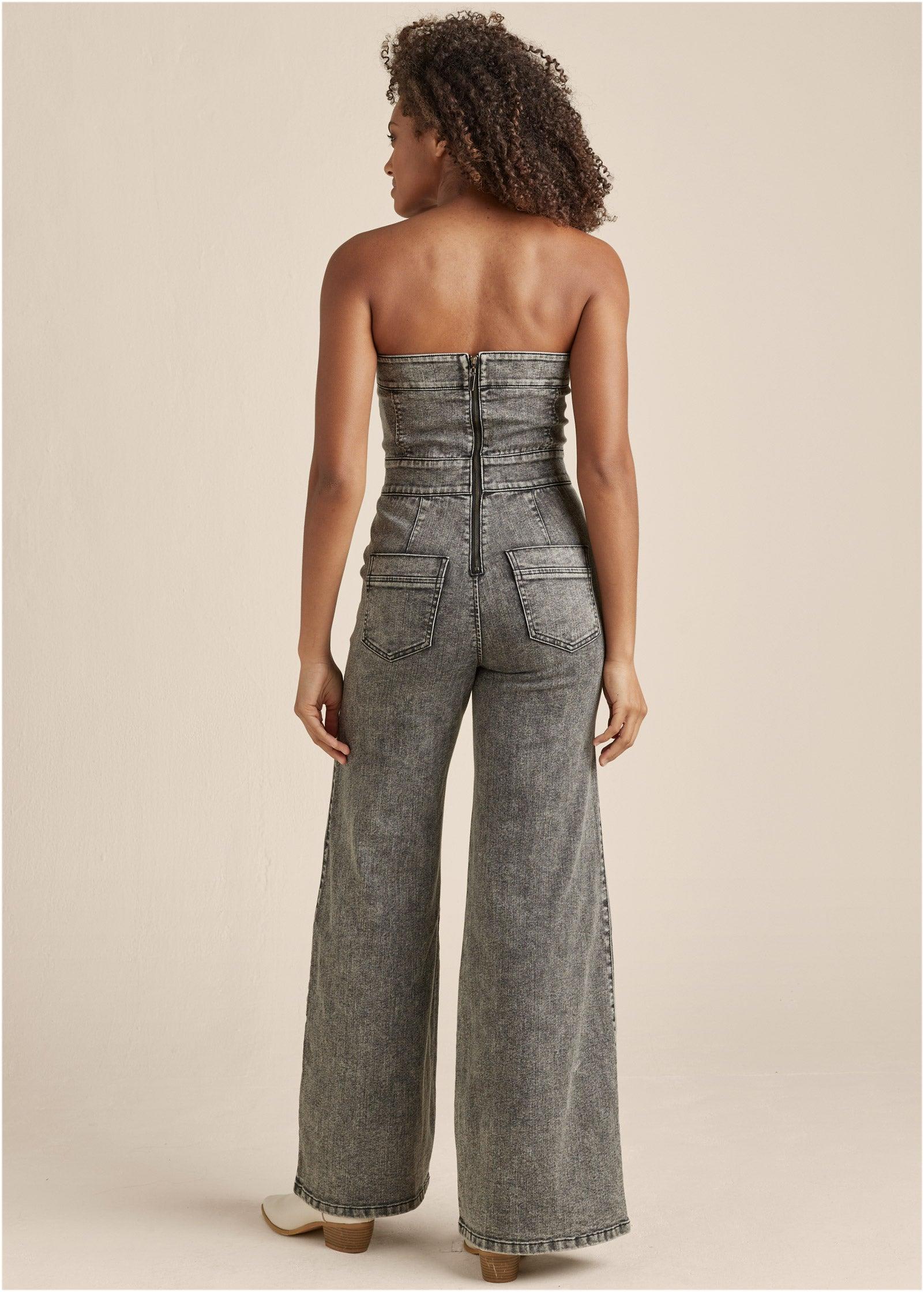 Wide Leg Denim Jumpsuit - Grey Washed Denim Product Image