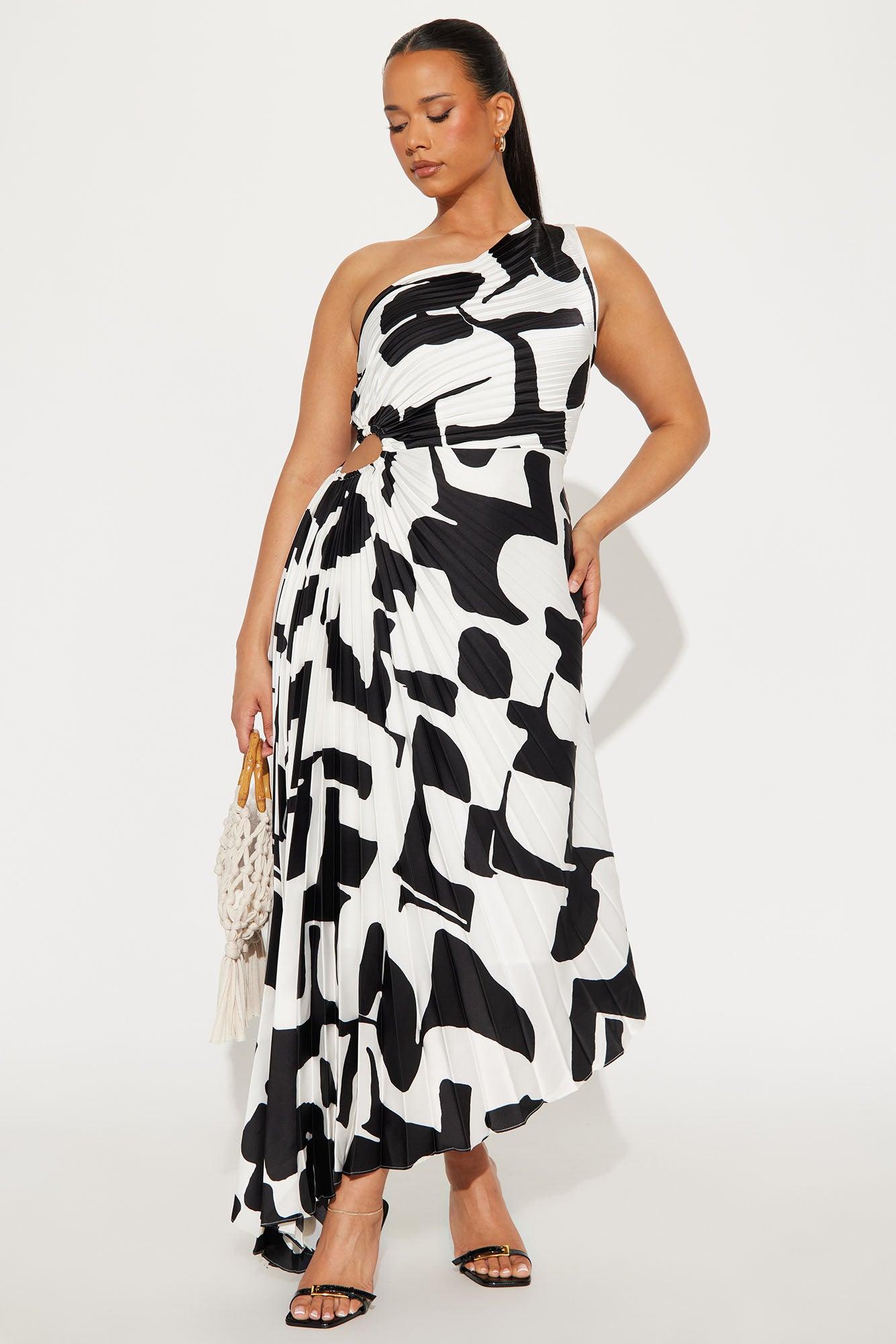 Tia Satin Midi Dress - Black/White Product Image