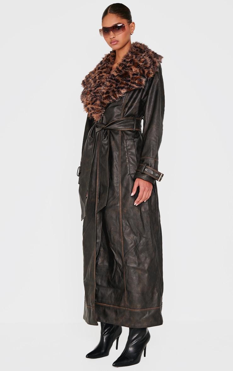 Washed Brown Detachable Leopard Faux Fur Trim PU Trench Coat Product Image
