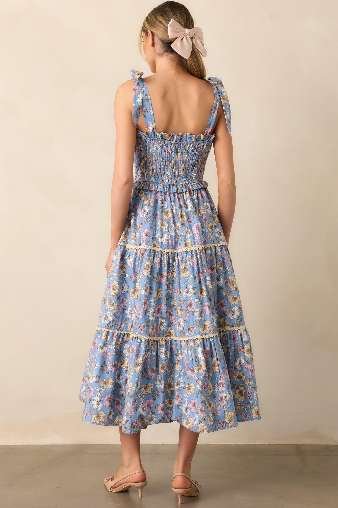 Living A Slow Life Cotton Ash Blue Floral Midi Dress Product Image