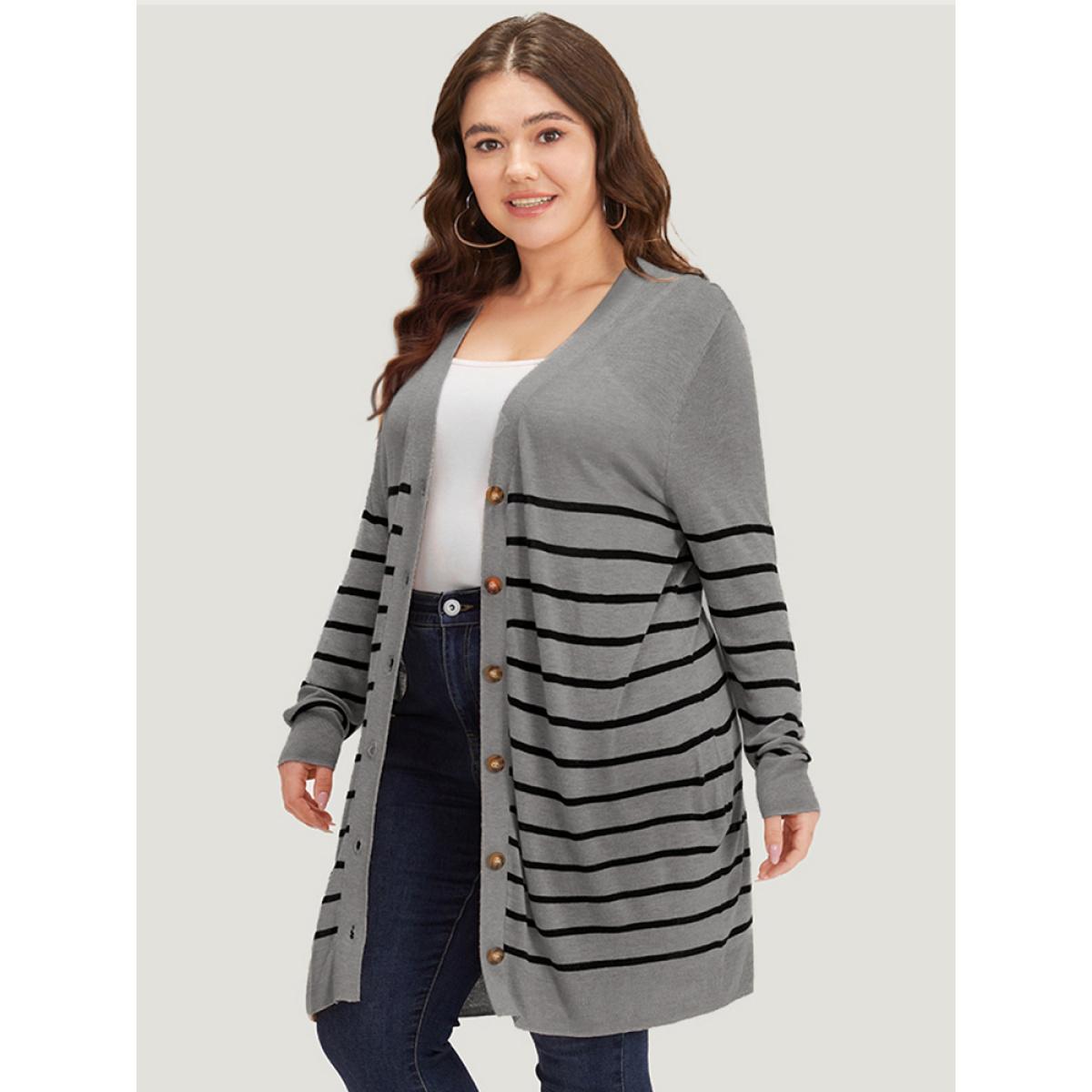 Plus Size Supersoft Essentials Striped Button Fly Tunic Cardigan Gray Women Casual Loose Long Sleeve Dailywear Cardigans BloomChic 14-16/1X Product Image