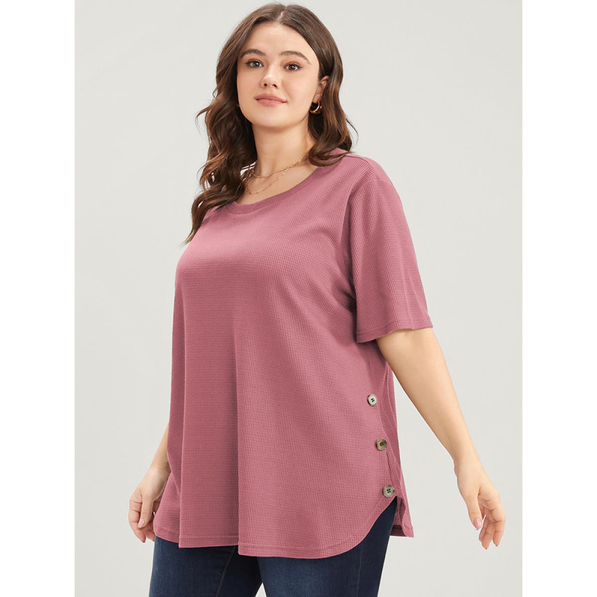Plus Size Plain Round Neck Button Detail Waffle Knit Tee DustyPink Women Casual Button Plain Round Neck Dailywear T-shirts BloomChic 30/6X Product Image