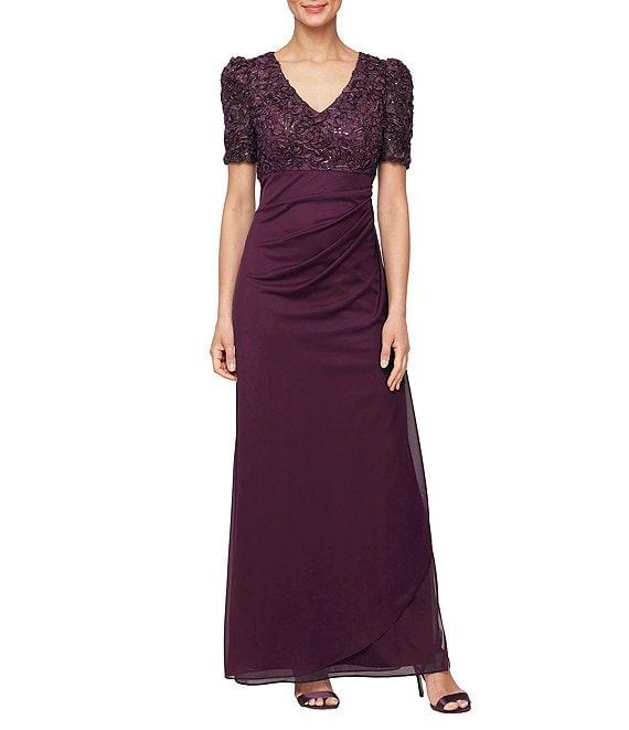 Alex Evenings Petite Size Lace Soutache Bodice V-Neck Short Sleeve Cascade Ruffle Empire Waist Dress Product Image