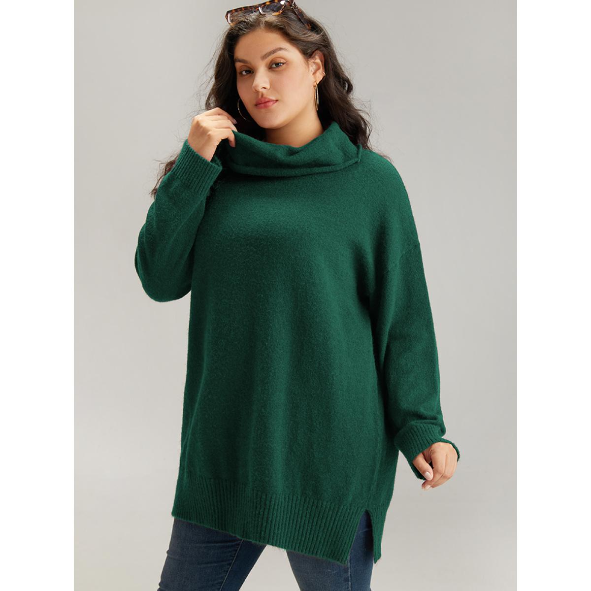 Plus Size Anti-Pilling Split Side Turtle Neck Pullover DarkGreen Women Casual Loose Long Sleeve Lapel Collar Everyday Pullovers BloomChic 12/L Product Image