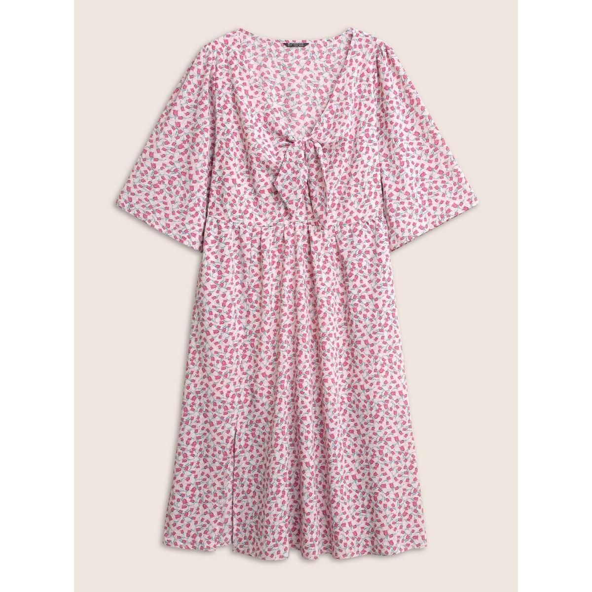 Plus Size Ditsy Floral Tie Neck Elastic Waist Dress Pink Women Elegant Non V-neck Half Sleeve Curvy Midi Dress BloomChic 28/5X Product Image